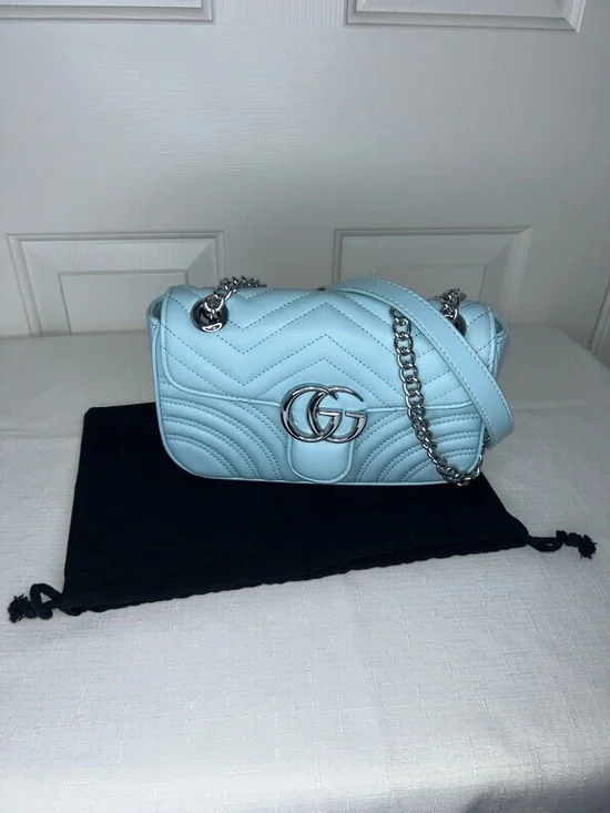 Light Blue Chevron Quilted Shoulder Bag with Silver Hardware and Dust Bag - Picture 11 of 13